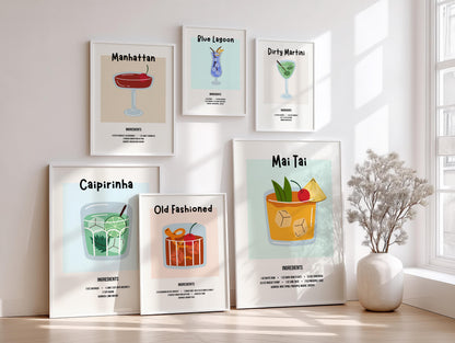 Cocktail Recipe Posters, Choose Any 3 Prints, Bar Cart Wall Art Decor D154