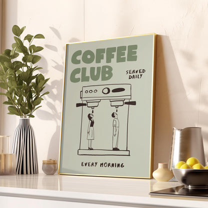 Coffee Club Retro Kitchen Print, Hand Drawn Cafe Poster, Coffee Lover Wall Art MR3