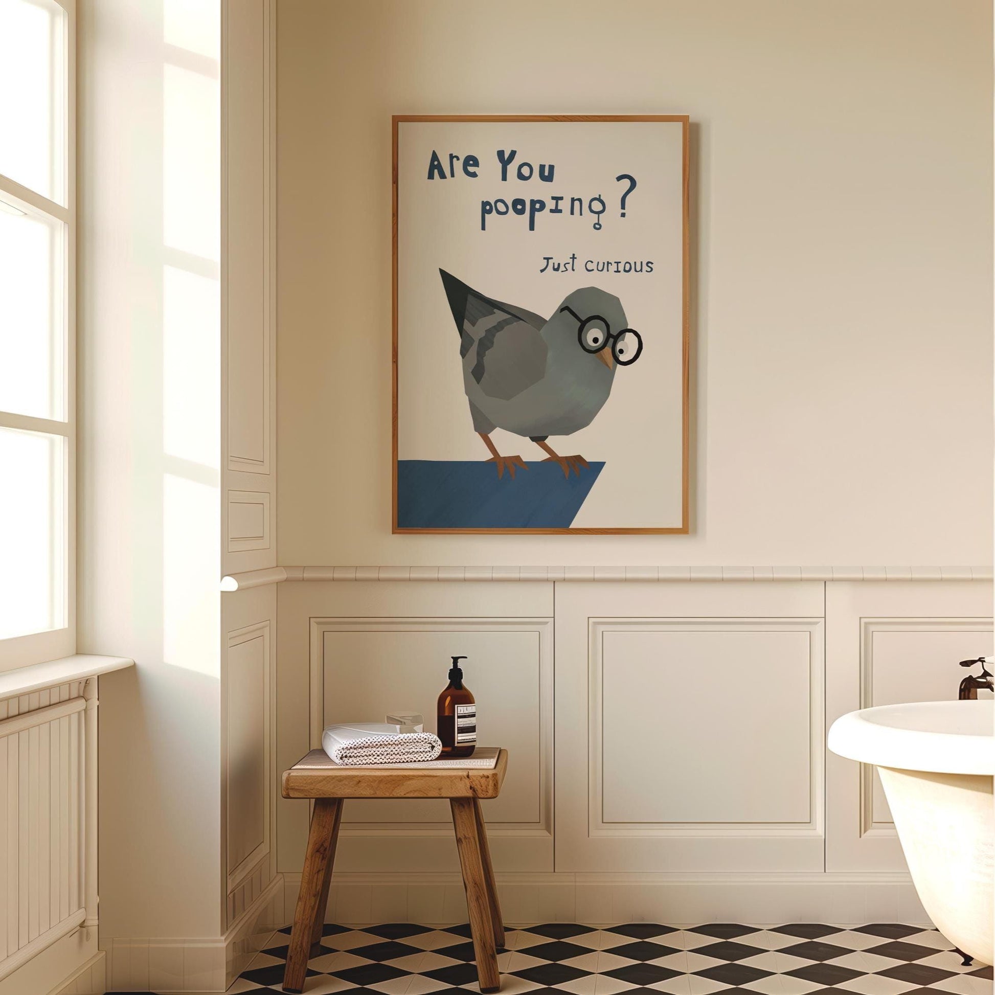 Funny Bathroom Wall Art Print – Are You Pooping Poster, Quirky Pigeon with Glasses, Funny Bird Bathroom Decor Gift for Home MR39