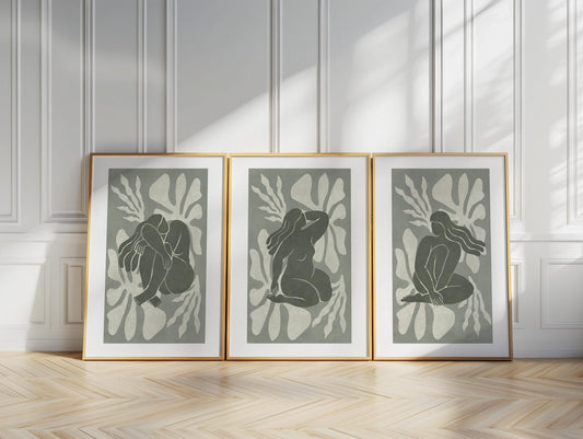 Modern Abstract Female Wall Art Set, Minimalist Boho Gallery Prints in Soft Green, Neutral Aesthetic Decor for Modern Home B165