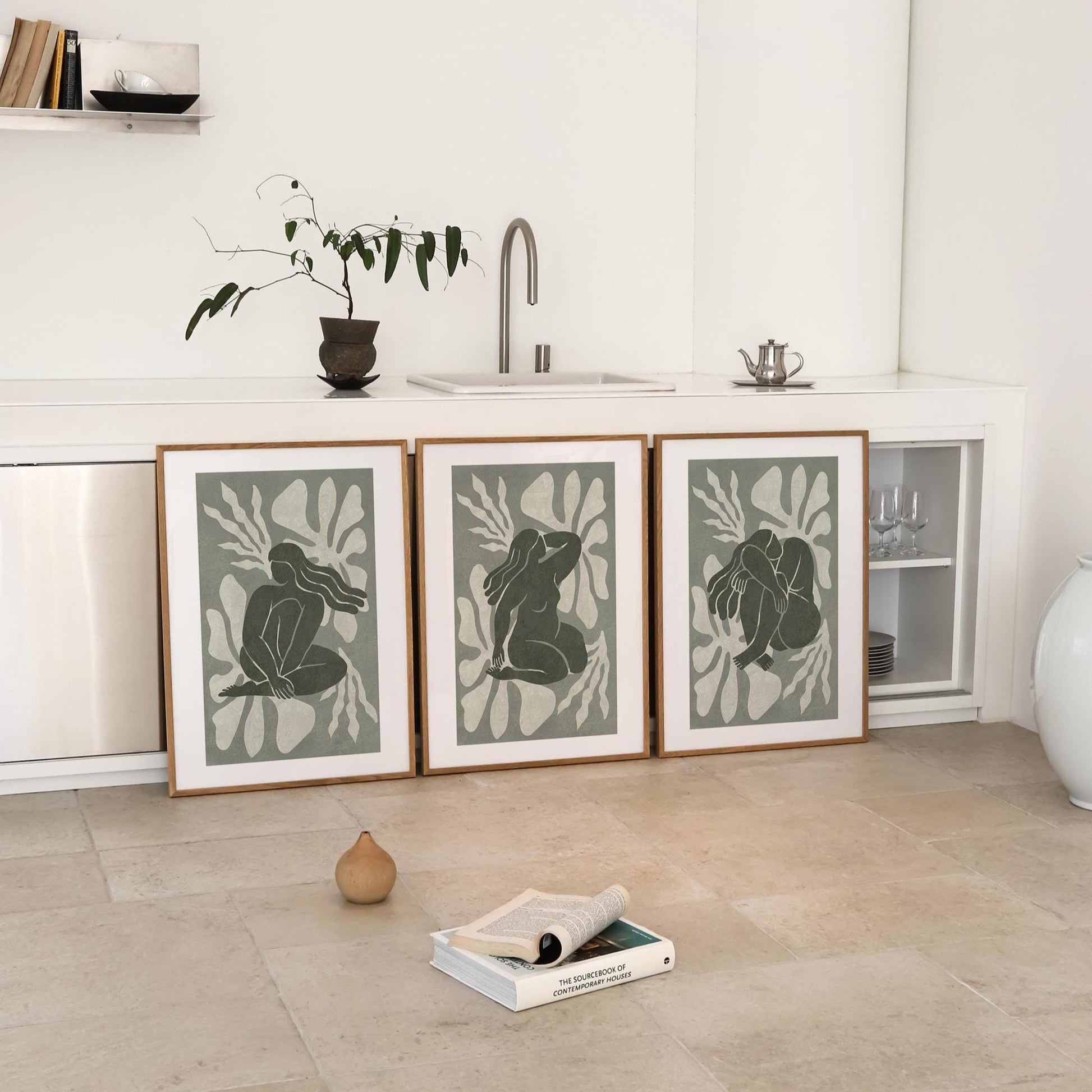 Modern Abstract Female Wall Art Set, Minimalist Boho Gallery Prints in Soft Green, Neutral Aesthetic Decor for Modern Home B165