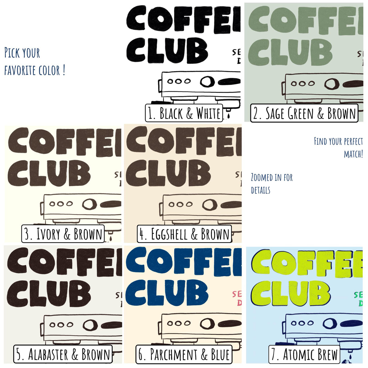 Coffee Club Retro Kitchen Print, Hand Drawn Cafe Poster, Coffee Lover Wall Art MR3