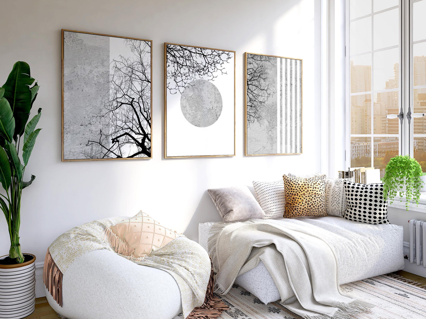 Black and White Wall Art Set of 3 – Minimalist Japandi Posters, Abstract Tree Branch Prints for Living Room Decor B105