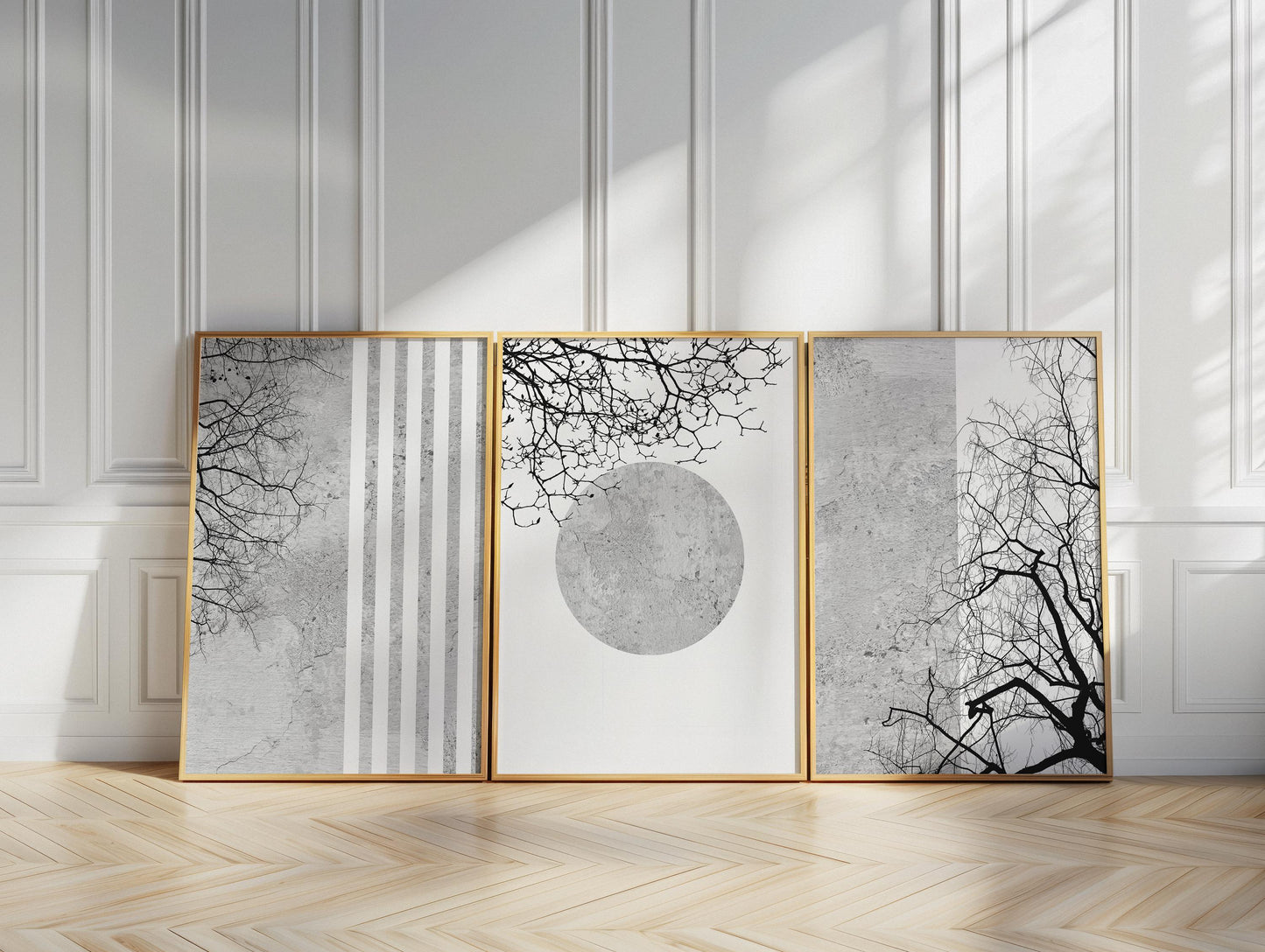 Black and White Wall Art Set of 3 – Minimalist Japandi Posters, Abstract Tree Branch Prints for Living Room Decor B105