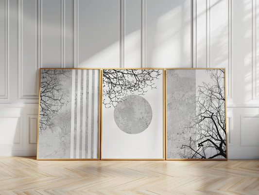 Black and White Wall Art Set of 3 – Minimalist Japandi Posters, Abstract Tree Branch Prints for Living Room Decor B105