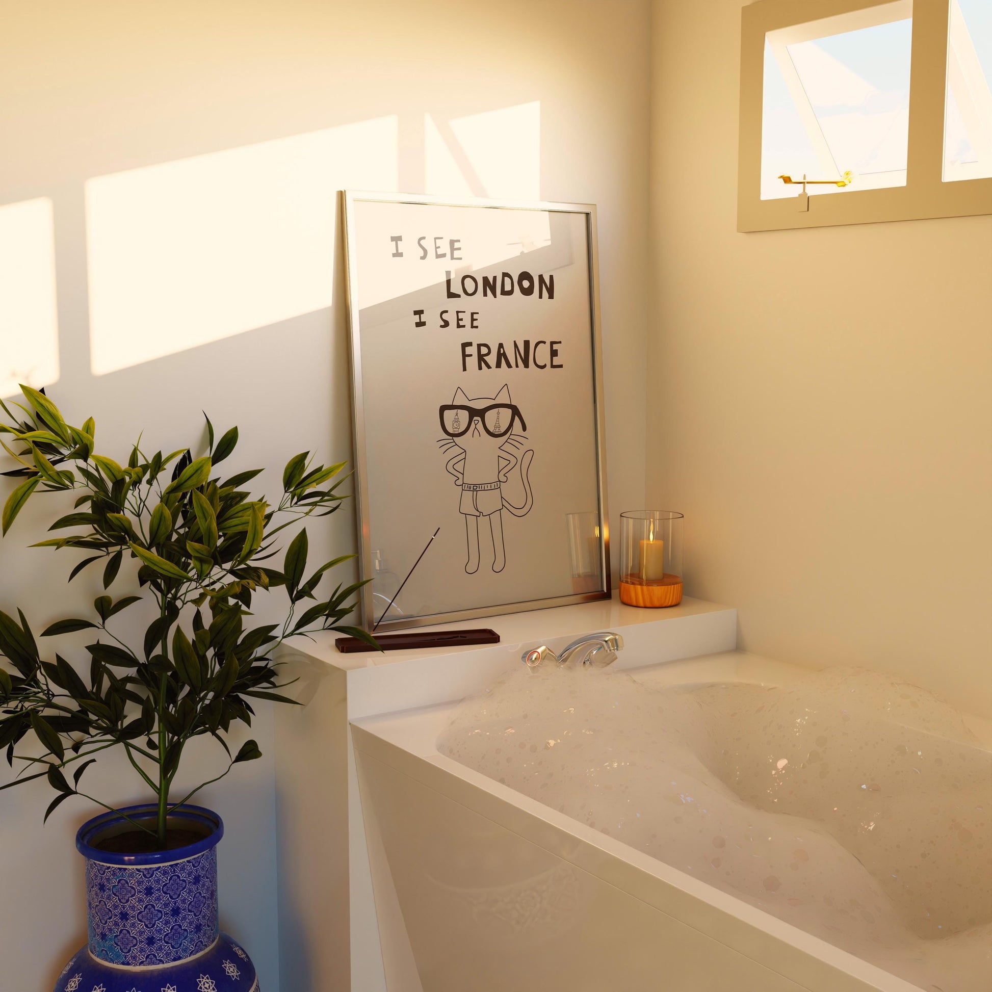 Funny Cat Bathroom Print – I See London I See France Quote, Quirky Decor MR38