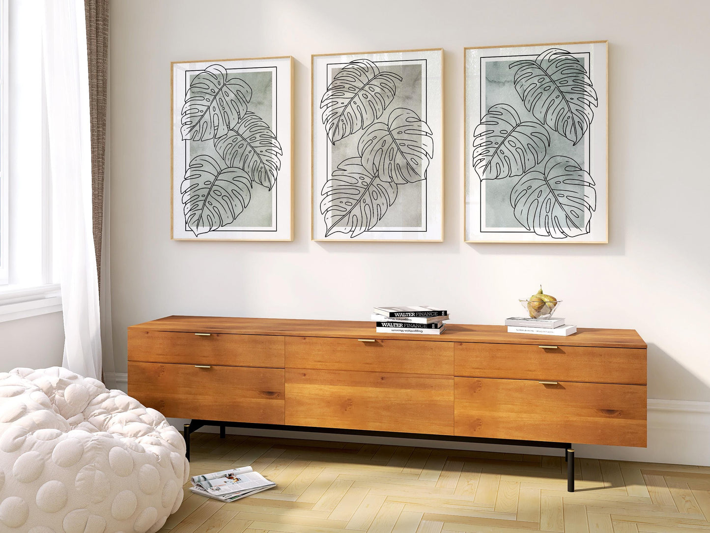 Botanical Line Art Prints, Green Abstract Boho Floral Decor, Japandi Coastal Poster Wall Art Set of 3 B136