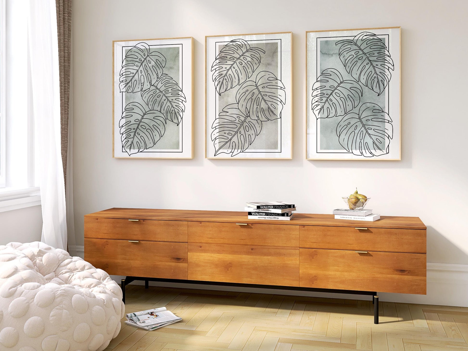 Botanical Line Art Prints, Green Abstract Boho Floral Decor, Japandi Coastal Poster Wall Art Set of 3 B136
