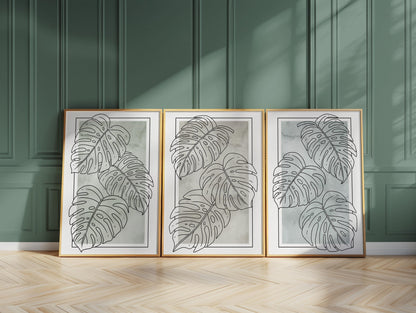 Botanical Line Art Prints, Green Abstract Boho Floral Decor, Japandi Coastal Poster Wall Art Set of 3 B136