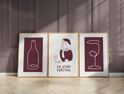 Wine Wall Art, Dining Room Decor, Bar Wall Prints, Neutral Kitchen Gallery Poster, Cocktail Art for Restaurants, Set of 3 D126