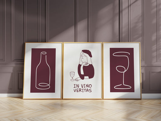 Wine Wall Art, Dining Room Decor, Bar Wall Prints, Neutral Kitchen Gallery Poster, Cocktail Art for Restaurants, Set of 3 D126