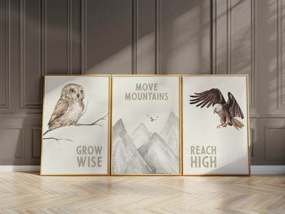 Woodland Nursery Art Prints, Owl Eagle Mountain Decor (Set of 3) N45