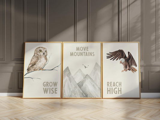 Woodland Nursery Art Prints, Owl Eagle Mountain Decor (Set of 3) N45