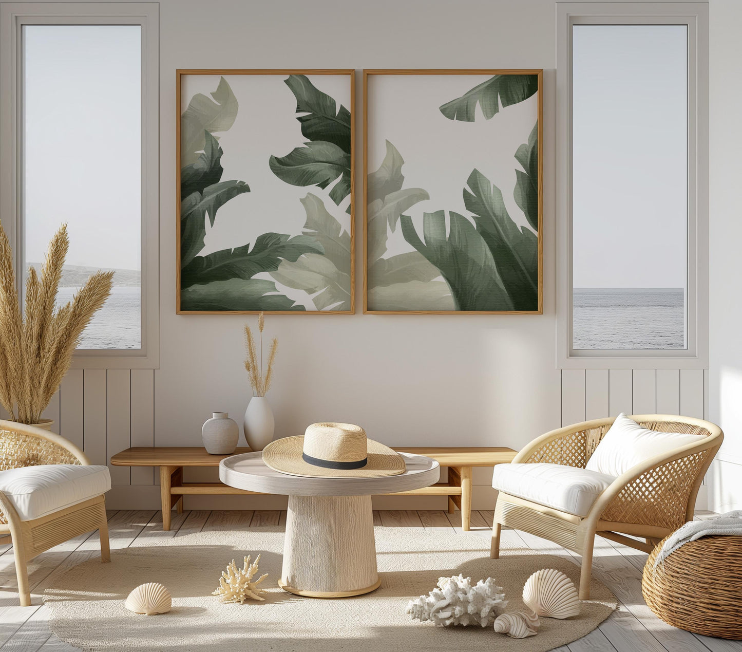 Tropical Wall Art Set of 3 – Sage Green Botanical Prints, Coastal Japandi Boho Decor for Bedroom and Living Room B138