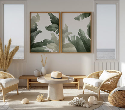 Tropical Wall Art Set of 3 – Sage Green Botanical Prints, Coastal Japandi Boho Decor for Bedroom and Living Room B138