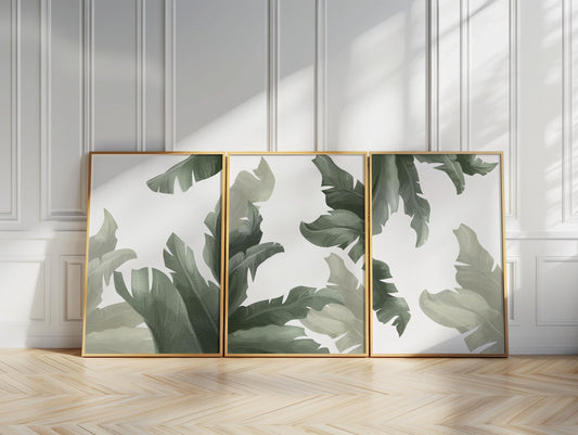 Tropical Wall Art Set of 3 – Sage Green Botanical Prints, Coastal Japandi Boho Decor for Bedroom and Living Room B138