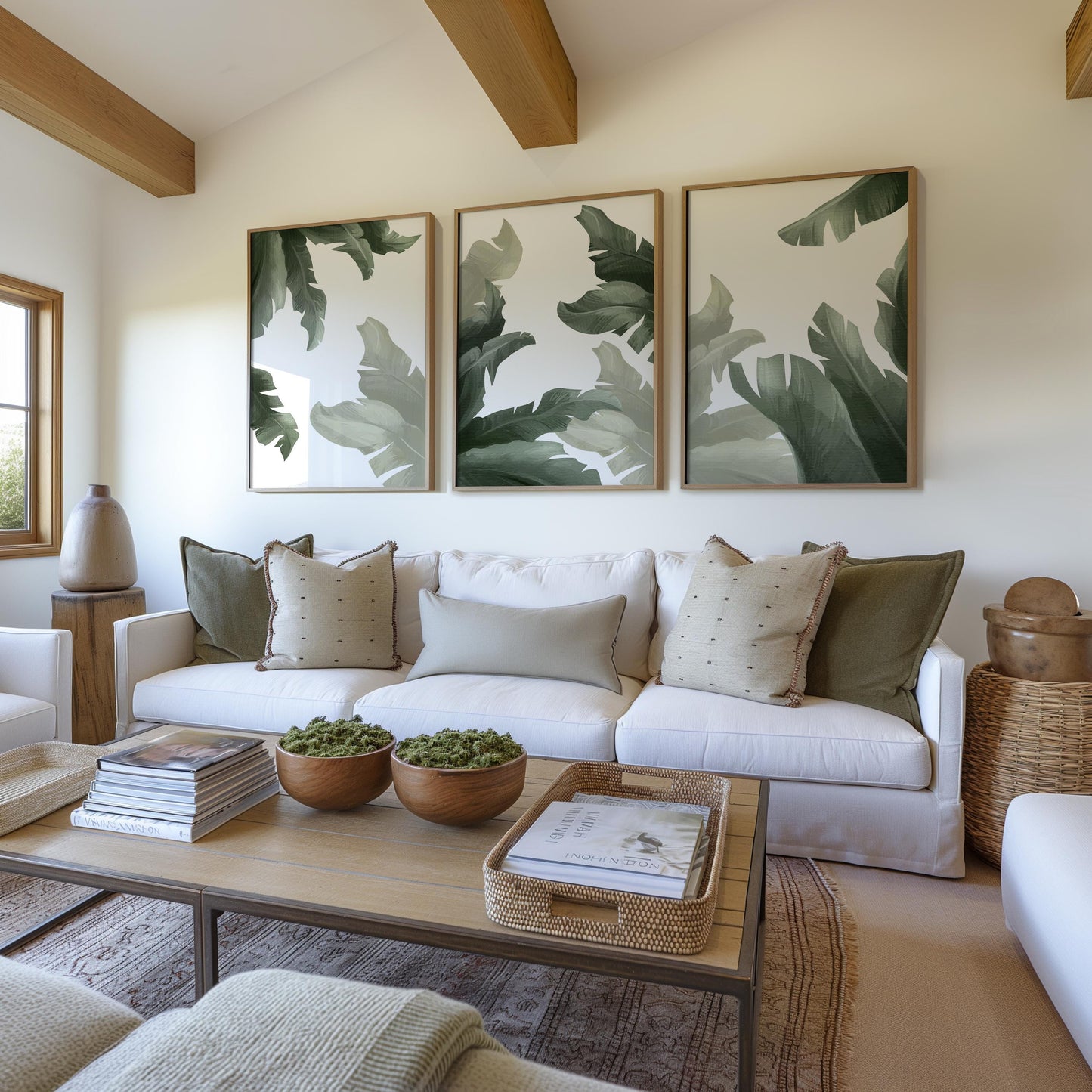 Tropical Wall Art Set of 3 – Sage Green Botanical Prints, Coastal Japandi Boho Decor for Bedroom and Living Room B138