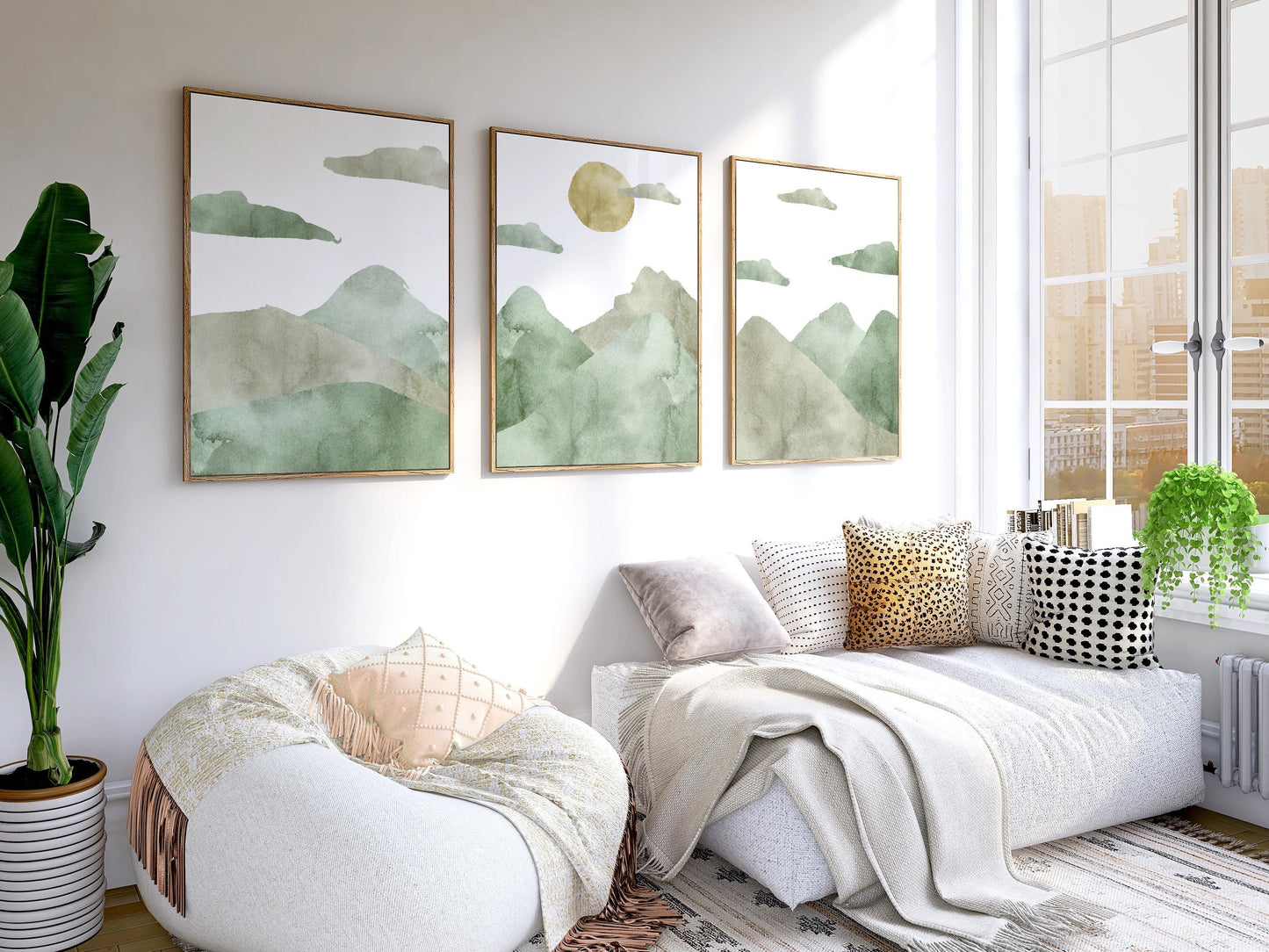 Green Mountain Landscape Triptych – Abstract Japandi Wall Art Prints B140