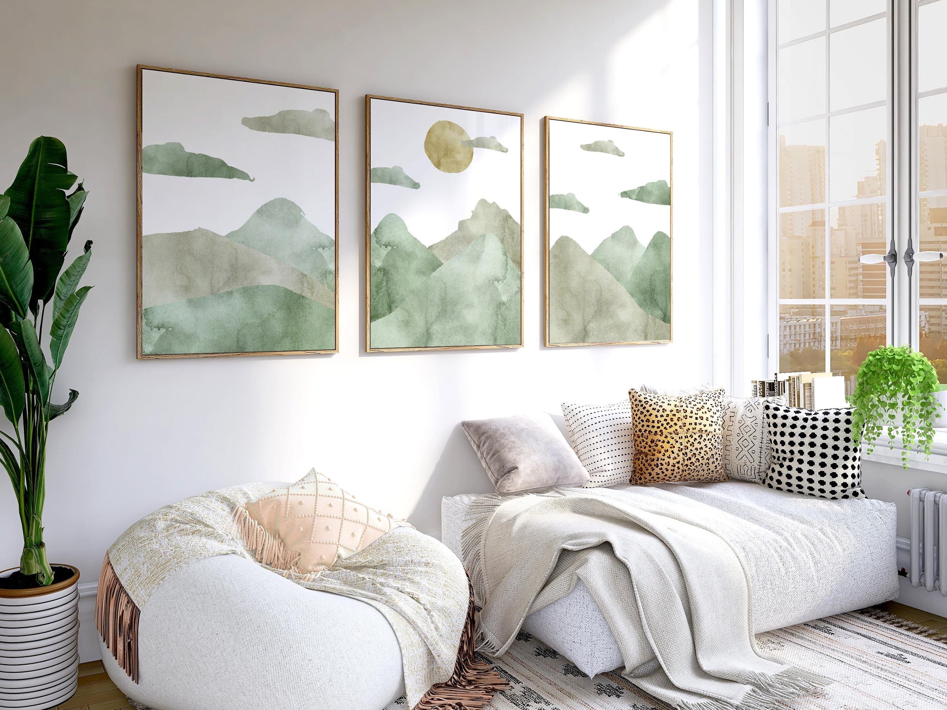 Green Mountain Landscape Triptych – Abstract Japandi Wall Art Prints B140