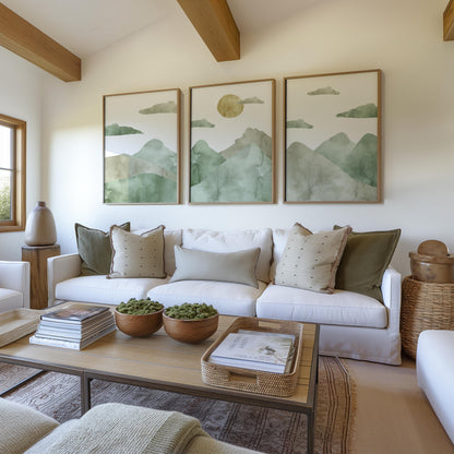 Green Mountain Landscape Triptych – Abstract Japandi Wall Art Prints B140