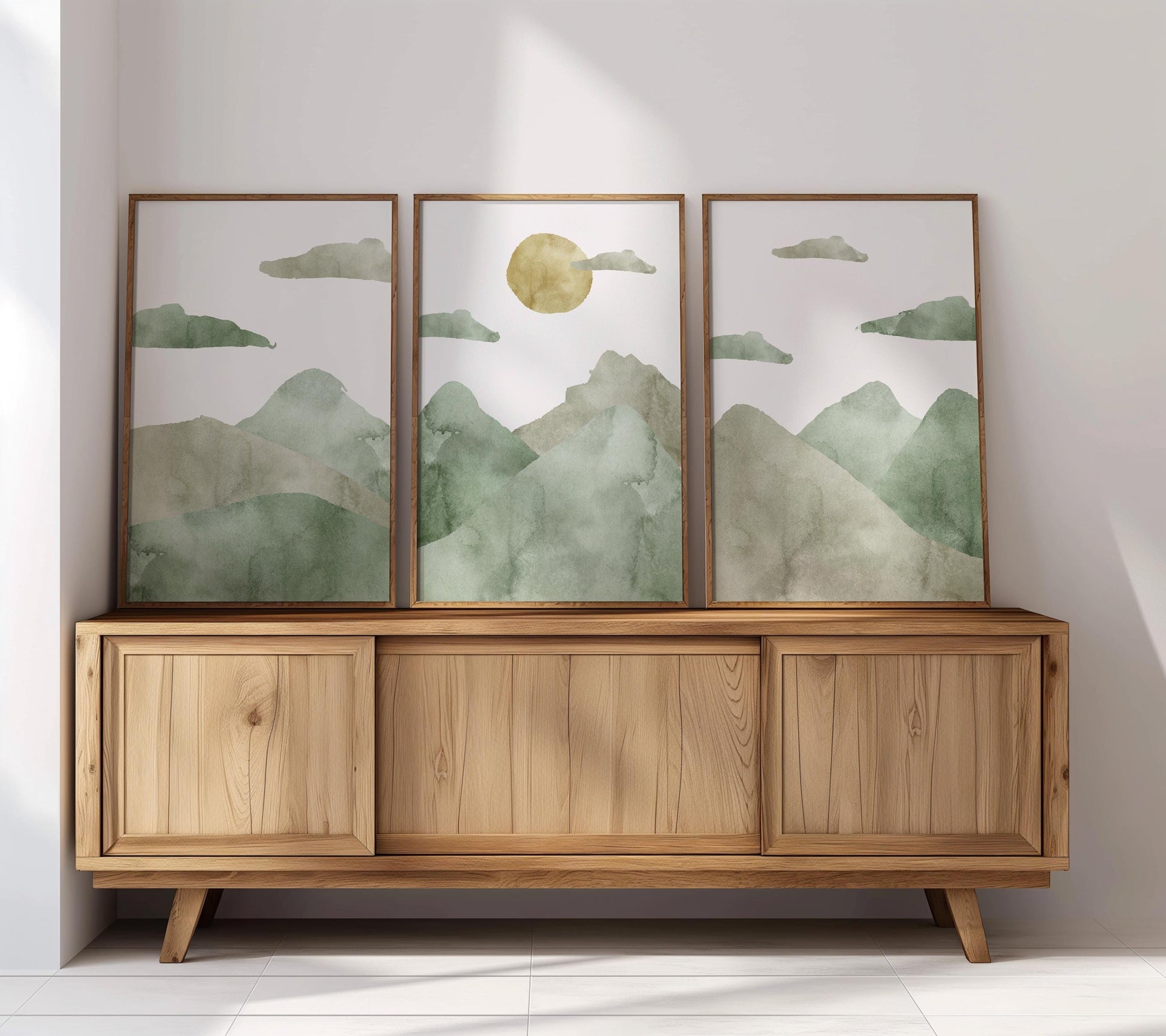 Green Mountain Landscape Triptych – Abstract Japandi Wall Art Prints B140