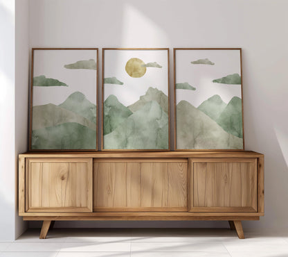 Green Mountain Landscape Triptych – Abstract Japandi Wall Art Prints B140