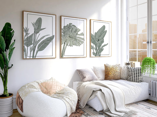 Sage Green Botanical Prints Set, Minimalist Plant Wall Art B143