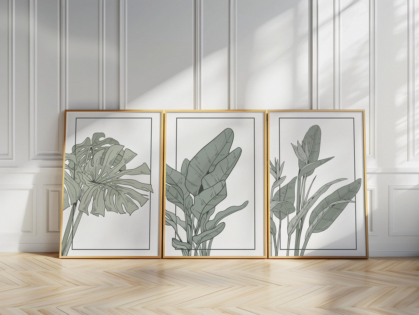 Sage Green Botanical Prints Set, Minimalist Plant Wall Art B143