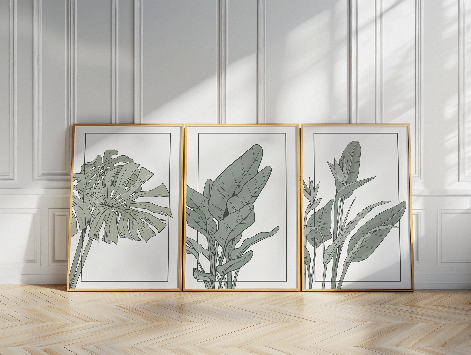 Sage Green Botanical Prints Set, Minimalist Plant Wall Art B143