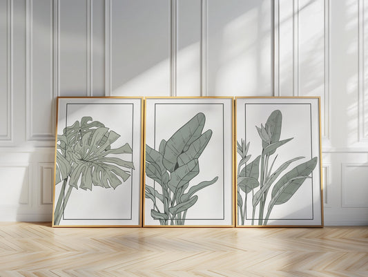 Sage Green Botanical Prints Set, Minimalist Plant Wall Art B143