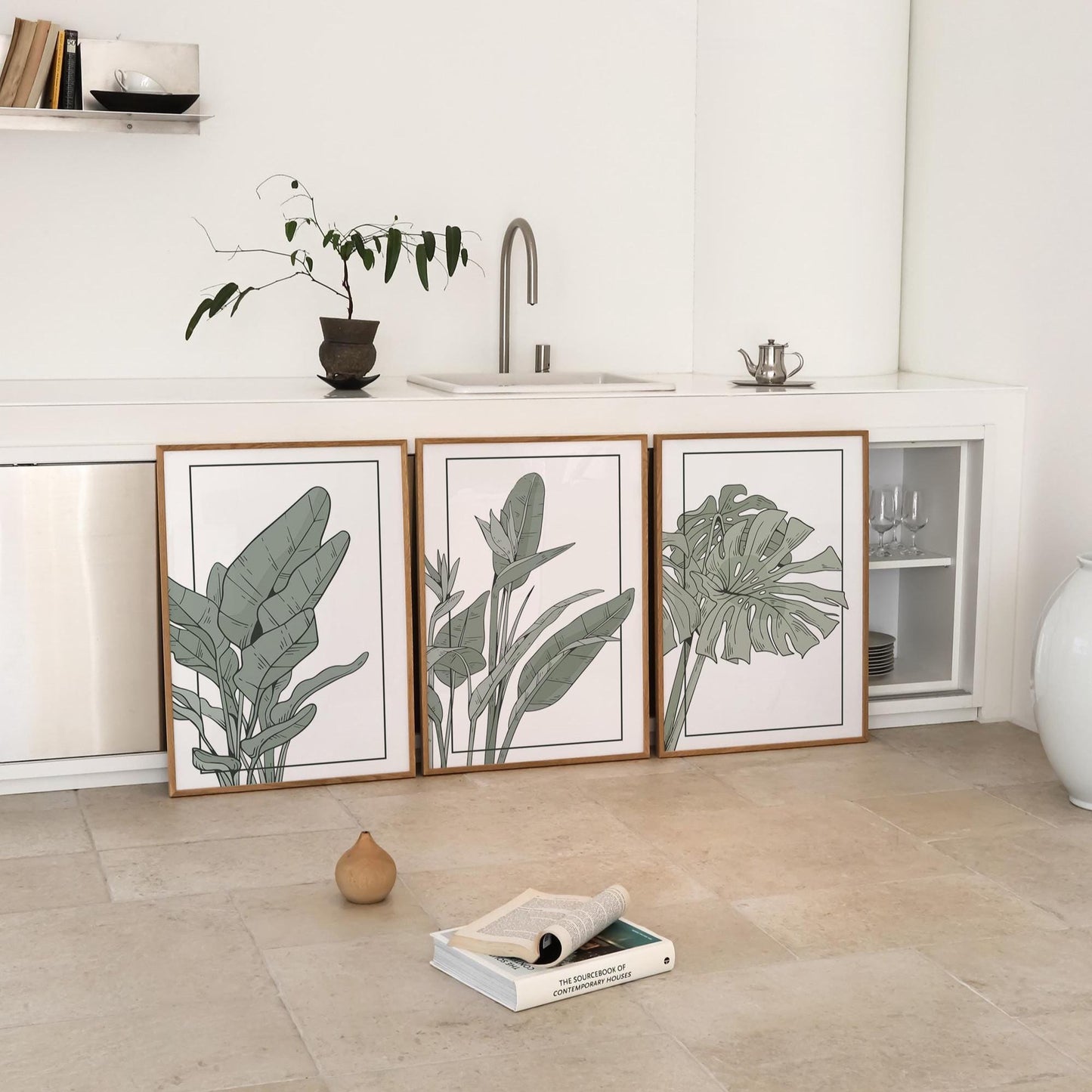 Sage Green Botanical Prints Set, Minimalist Plant Wall Art B143