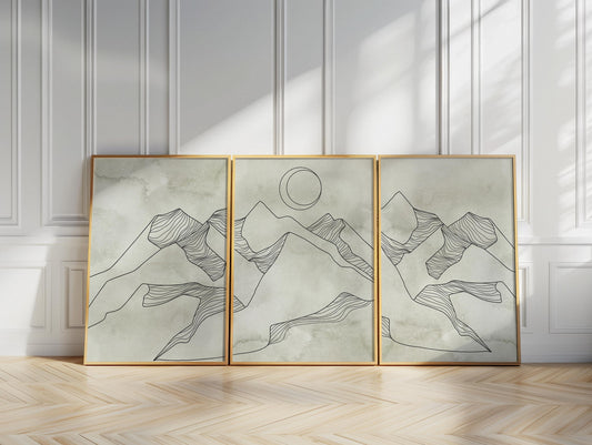 Minimalist Mountain Wall Art – Sage Green Japandi Prints, Scandinavian Abstract Gallery Set for Living Room, Bedroom & Office Decor B149