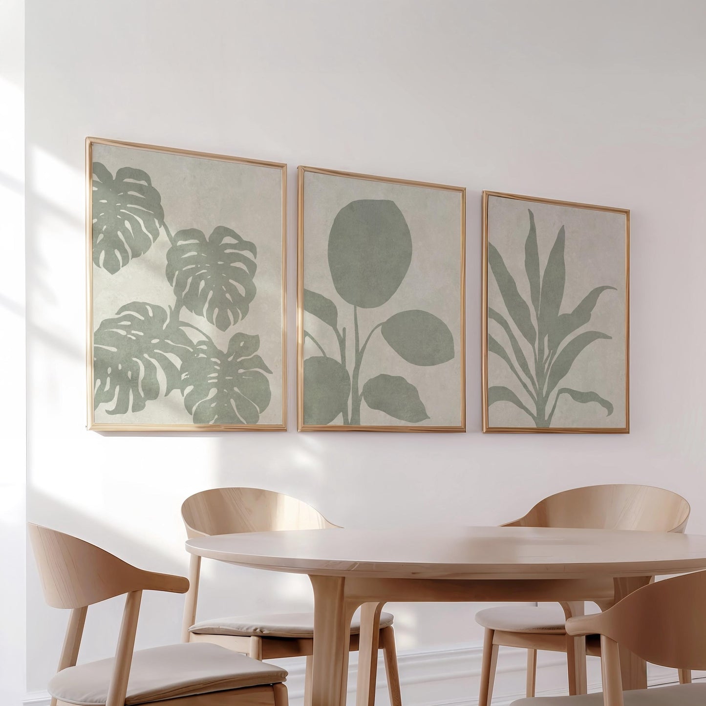 Sage Green Botanical Triptych Wall Art – Set of 3 Leaf Prints, Monstera, Neutral Minimalist, Japandi Scandi Gallery Set B168