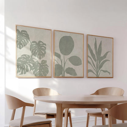 Sage Green Botanical Triptych Wall Art – Set of 3 Leaf Prints, Monstera, Neutral Minimalist, Japandi Scandi Gallery Set B168
