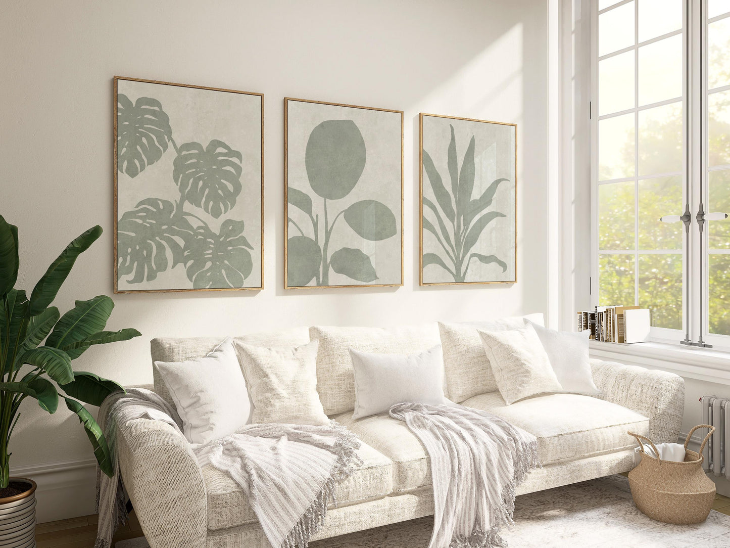 Sage Green Botanical Triptych Wall Art – Set of 3 Leaf Prints, Monstera, Neutral Minimalist, Japandi Scandi Gallery Set B168