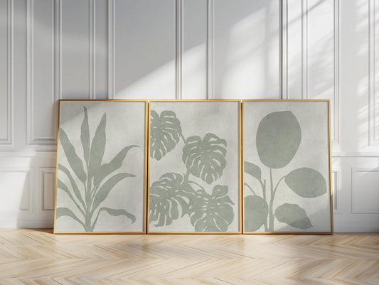 Sage Green Botanical Triptych Wall Art – Set of 3 Leaf Prints, Monstera, Neutral Minimalist, Japandi Scandi Gallery Set B168