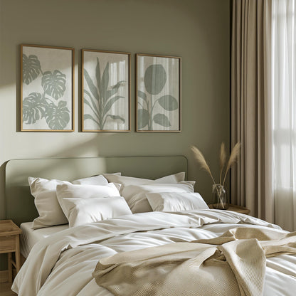Sage Green Botanical Triptych Wall Art – Set of 3 Leaf Prints, Monstera, Neutral Minimalist, Japandi Scandi Gallery Set B168