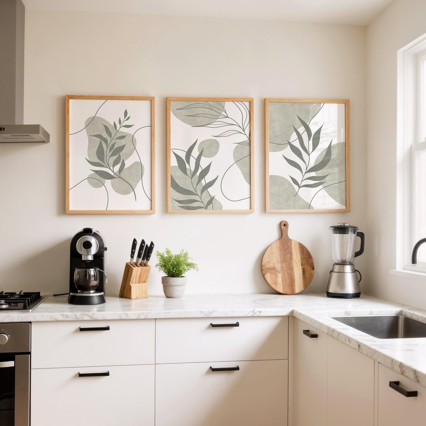 Sage Green Botanical Prints Triptych – Boho Scandi Abstract Leaves Gallery Wall Set, Neutral Leaf Wall Art for Kitchen & Dining B174