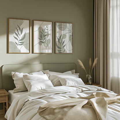 Sage Green Botanical Prints Triptych – Boho Scandi Abstract Leaves Gallery Wall Set, Neutral Leaf Wall Art for Kitchen & Dining B174