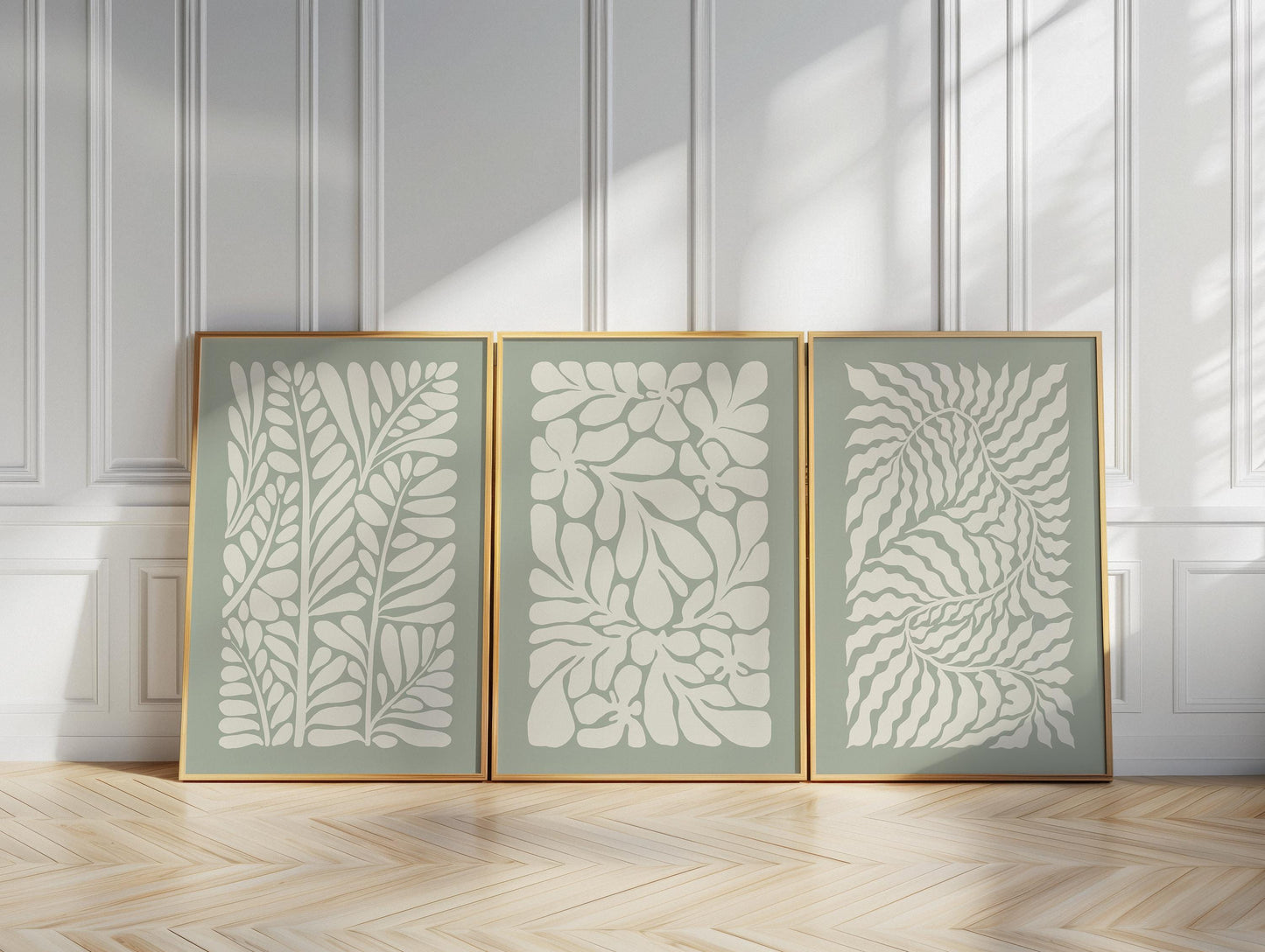 Sage Green Leaf Prints – Set of 3 Neutral Botanical Wall Art for Living Room or Bedroom, Modern Minimalist Plant Decor, Gallery Style B43