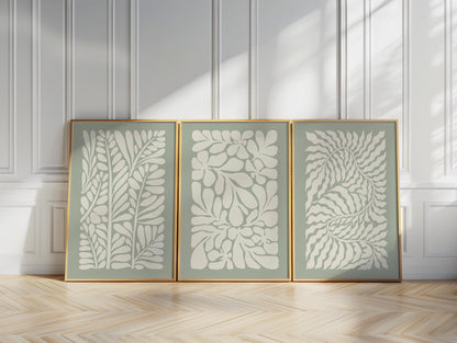 Sage Green Leaf Prints – Set of 3 Neutral Botanical Wall Art for Living Room or Bedroom, Modern Minimalist Plant Decor, Gallery Style B43