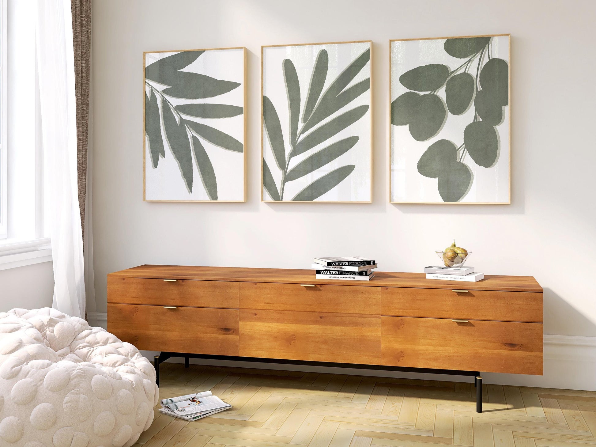 Living Room Wall Art – Sage Green Botanical Prints, Neutral Boho Gallery Wall Set of 3, Scandi, Unframed B191