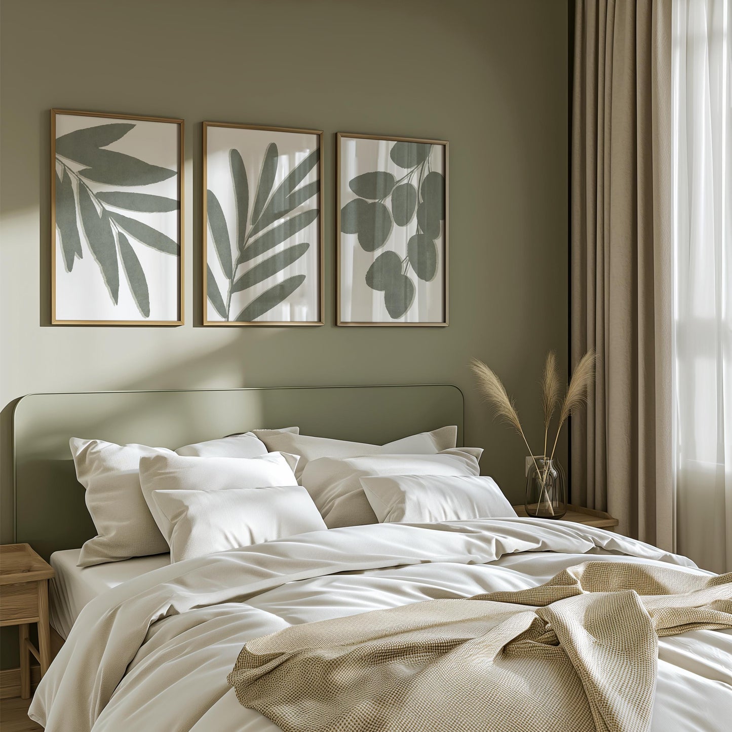 Living Room Wall Art – Sage Green Botanical Prints, Neutral Boho Gallery Wall Set of 3, Scandi, Unframed B191