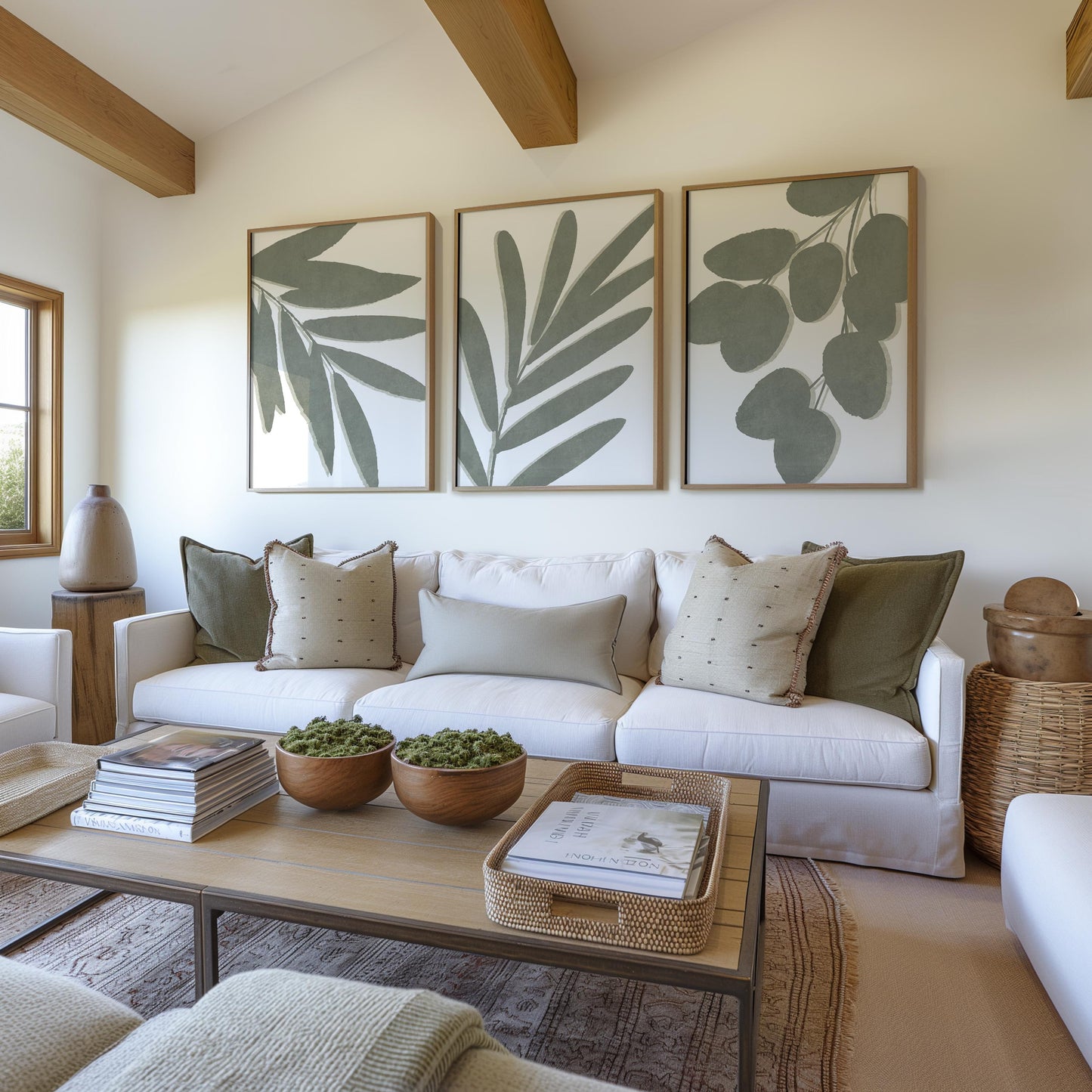 Living Room Wall Art – Sage Green Botanical Prints, Neutral Boho Gallery Wall Set of 3, Scandi, Unframed B191