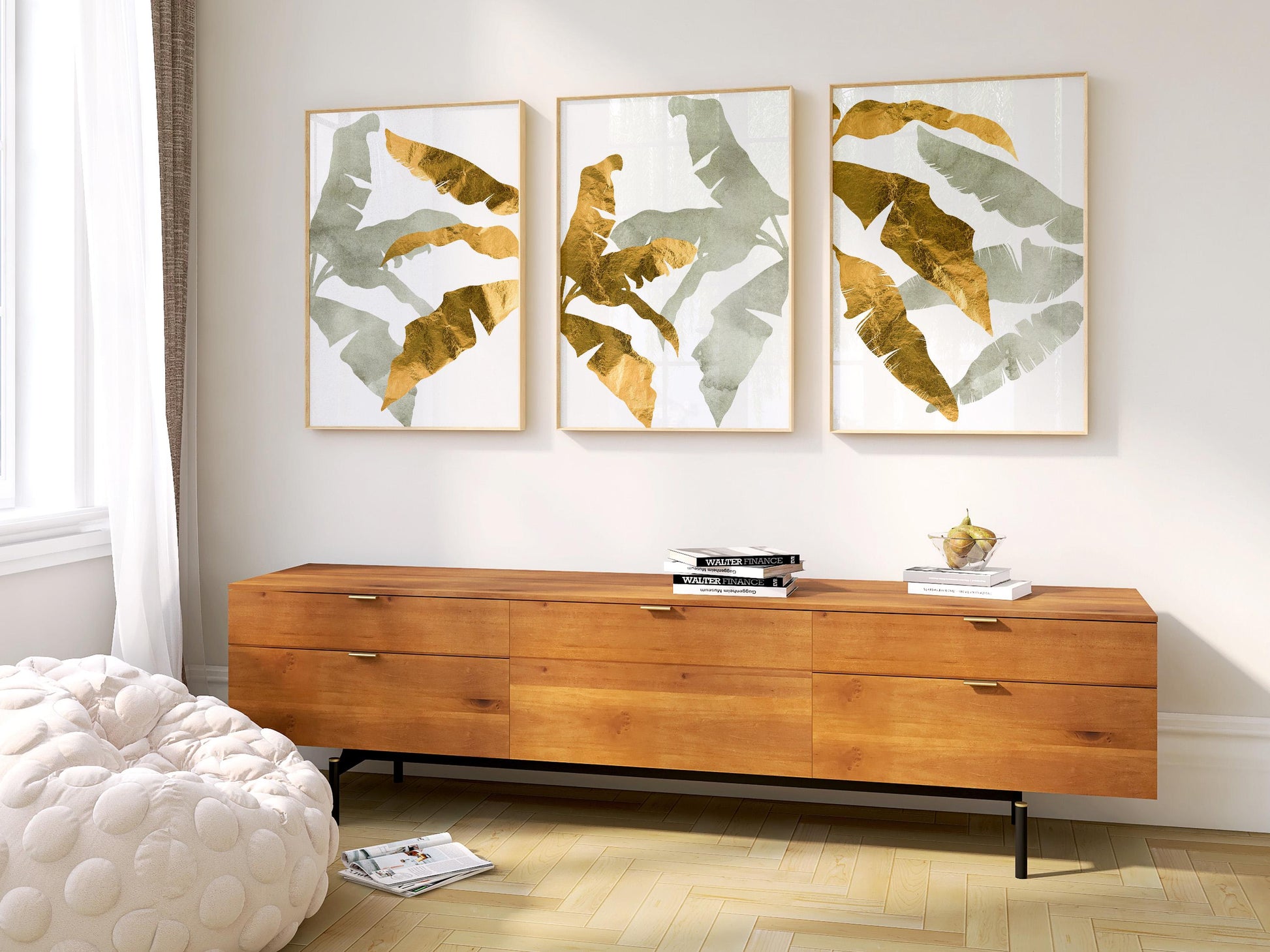 Botanical Wall Art Set of 3 – Neutral Leaf Prints, Minimalist Coastal Decor for Living Room, Bedroom & Kitchen, Giclée B195