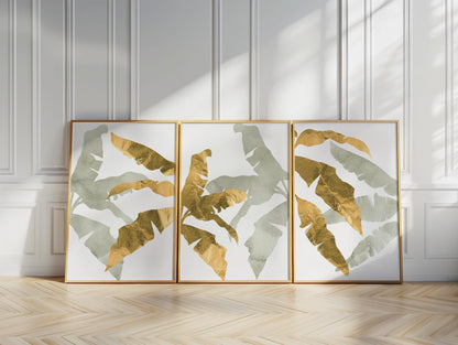 Botanical Wall Art Set of 3 – Neutral Leaf Prints, Minimalist Coastal Decor for Living Room, Bedroom & Kitchen, Giclée B195