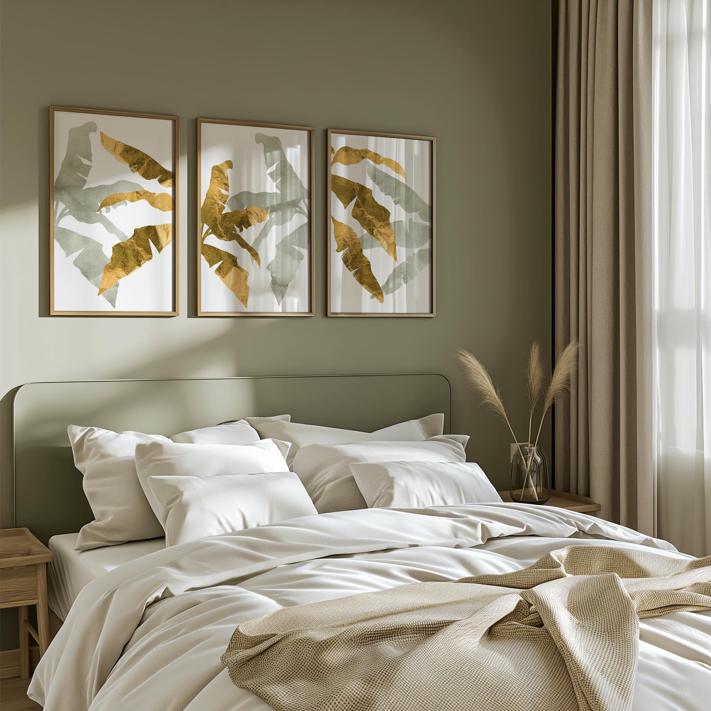 Botanical Wall Art Set of 3 – Neutral Leaf Prints, Minimalist Coastal Decor for Living Room, Bedroom & Kitchen, Giclée B195