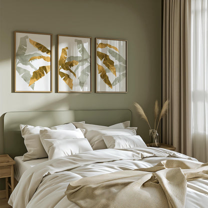 Botanical Wall Art Set of 3 – Neutral Leaf Prints, Minimalist Coastal Decor for Living Room, Bedroom & Kitchen, Giclée B195