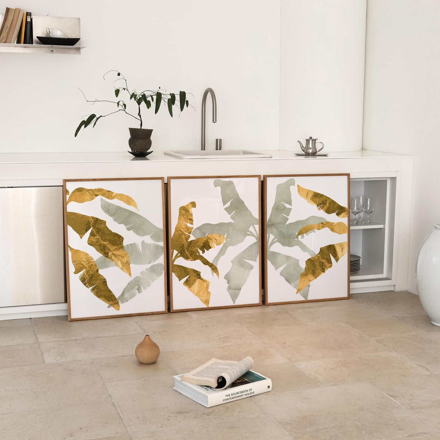 Botanical Wall Art Set of 3 – Neutral Leaf Prints, Minimalist Coastal Decor for Living Room, Bedroom & Kitchen, Giclée B195