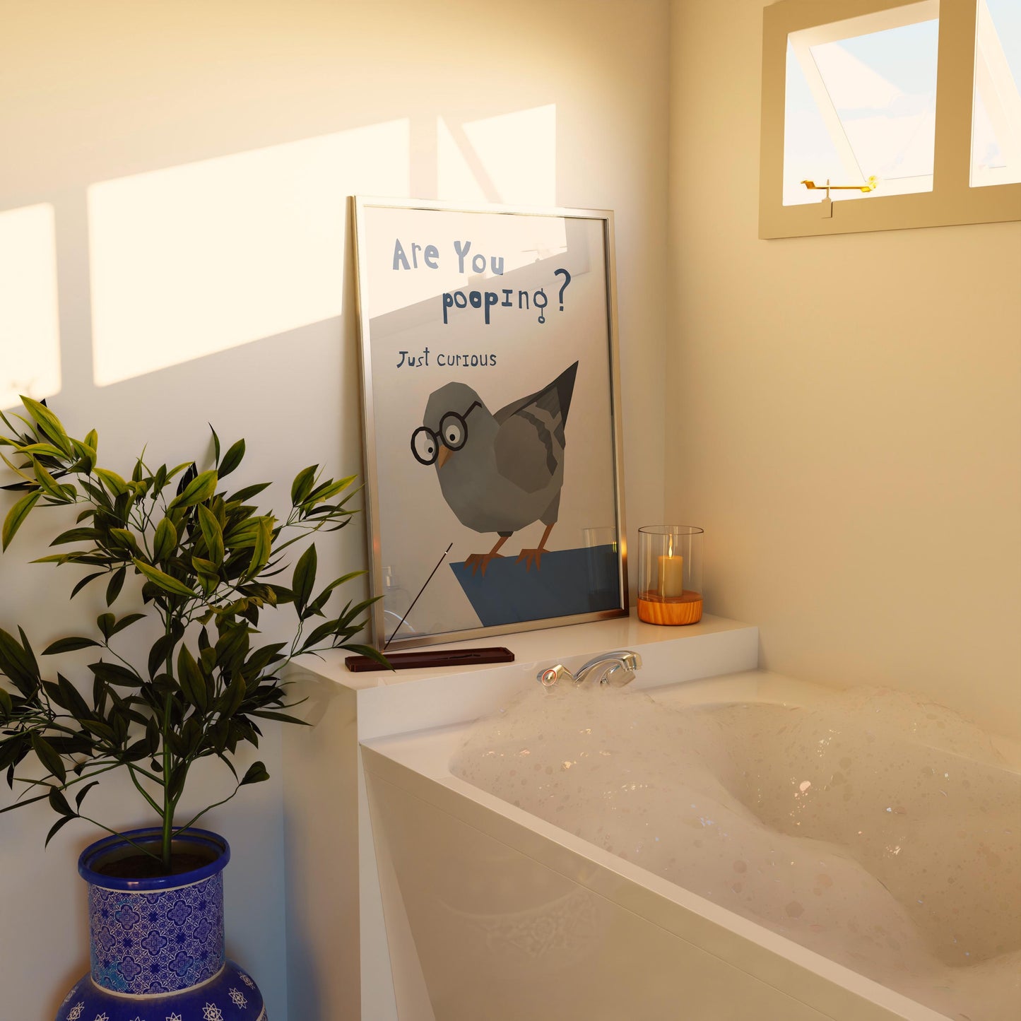 Funny Bathroom Wall Art Print – Are You Pooping Poster, Quirky Pigeon with Glasses, Funny Bird Bathroom Decor Gift for Home MR39